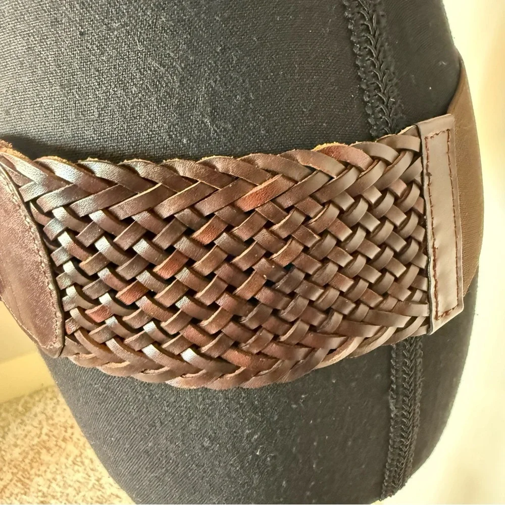 YIK FUNG Brown Leather Bow Front Elastic Snap Belt Wide Braided Vintage Y2K - Picture 4 of 11